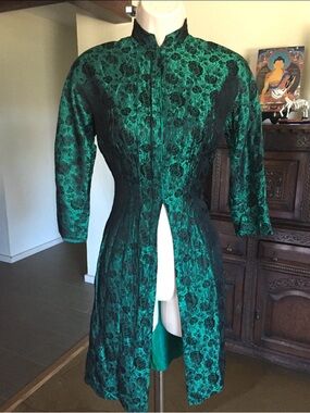 Vintage Japanese Emerald Green Brocade Satin Kimono Top Small